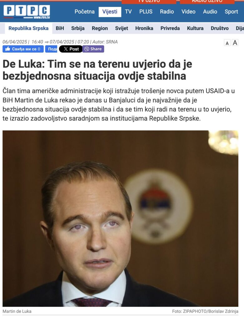 U vladinim medijima u RS-u Martin De Luca predstavljen je kao “član tima američke administracije”. Foto: RTRS, screenshot