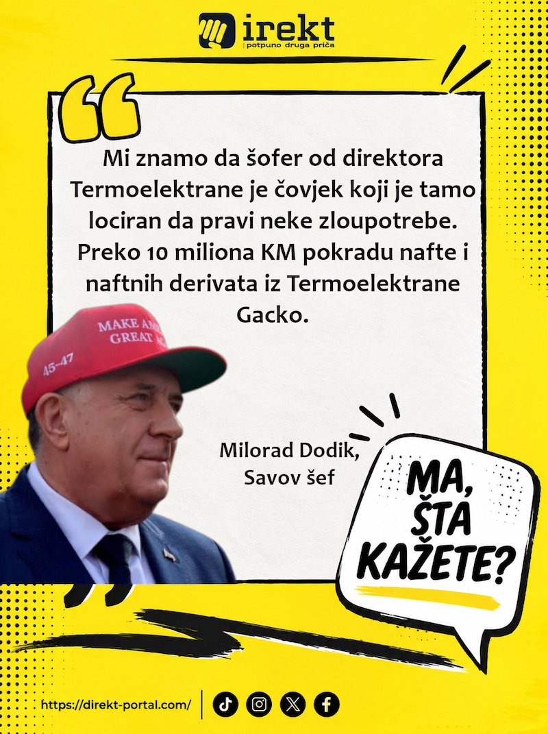 Milorad Dodik je izjavio da šofer direktora RITE Gacko učestvuje u kriminalnim radnjama i da je uključen u krađu nafte od 10 miliona maraka.